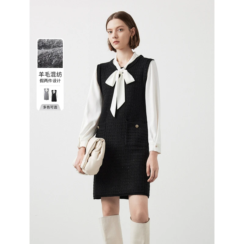 朗姿羊毛假两件法式小香风飘带针织连衣裙2023冬季新款高级感裙子