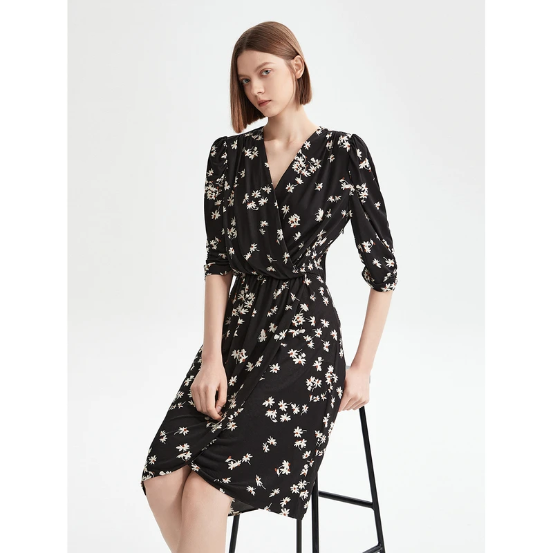 【明星同款】朗姿黑色复古碎花显瘦连衣裙夏季新款气质裙子