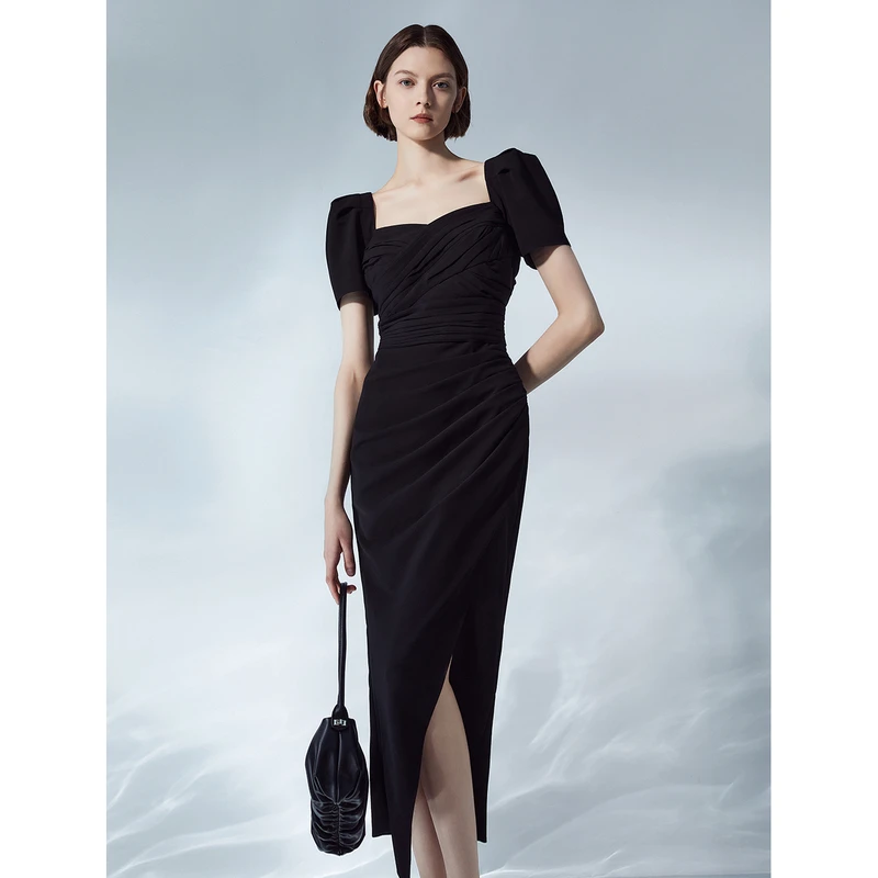 朗姿法式复古方领收腰显瘦高级感气质小黑裙女2023夏季新款连衣裙