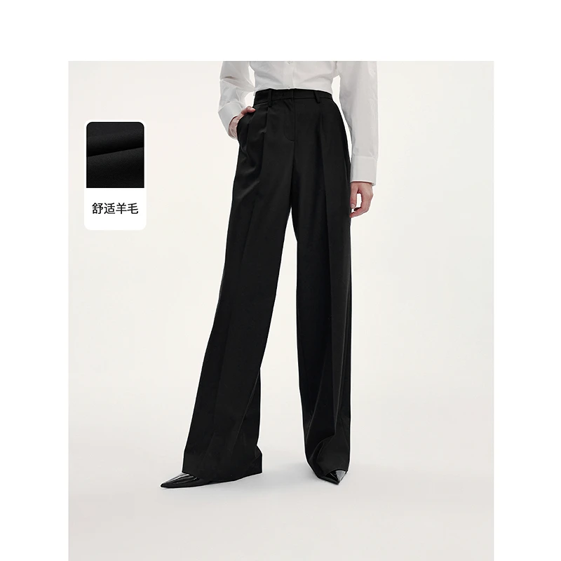 朗姿欧洲EiLEENELITEE2024秋直筒阔腿裤高腰阔腿裤气质黑色西装裤