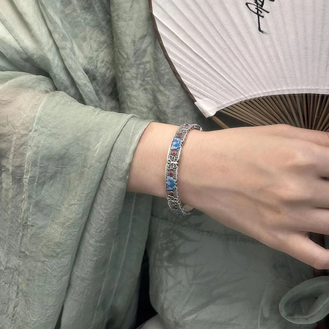 合金手镯 蝴蝶清冷感景泰蓝珐琅彩仿古银做旧工艺手镯