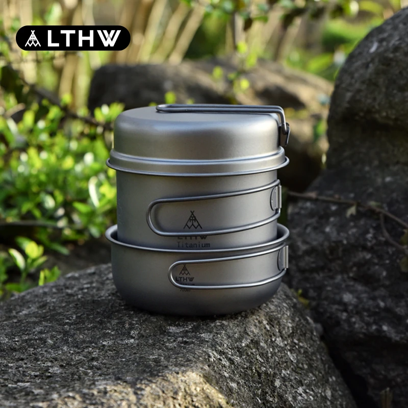 LTHW旅腾功能纯钛轻量锅露营炊具超轻徒步煎锅钛合金折叠便携套锅