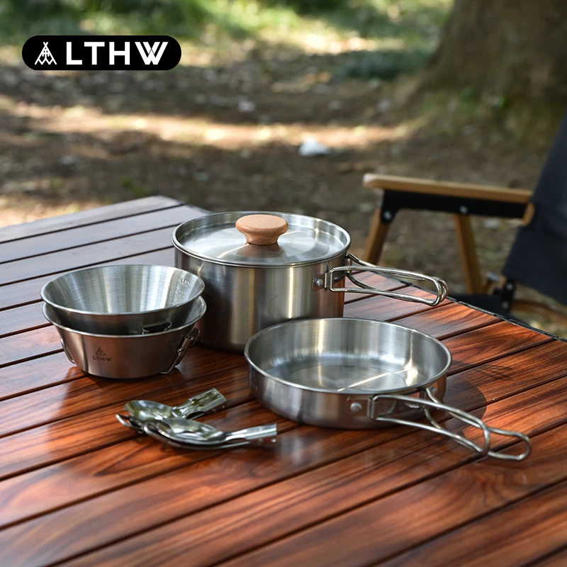 LTHW旅腾侣宴便携不锈钢套锅野炊锅具野营露营折叠锅炊具带餐碗勺