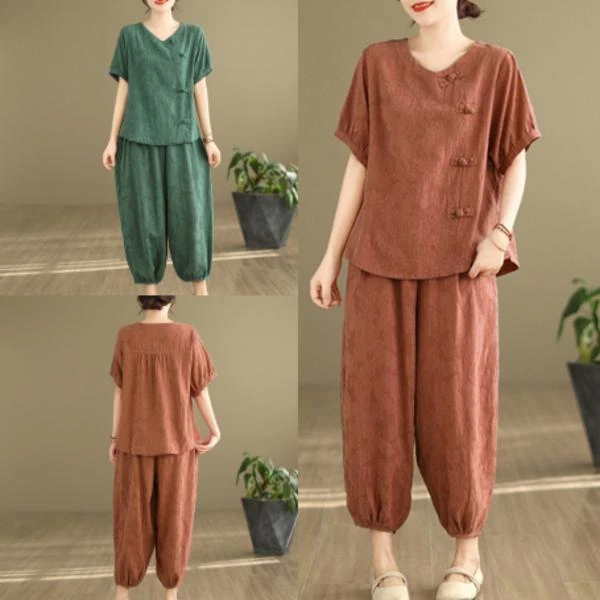 夏季复古时尚棉麻提花套装女宽松显瘦休闲短袖上衣灯笼裤两件套