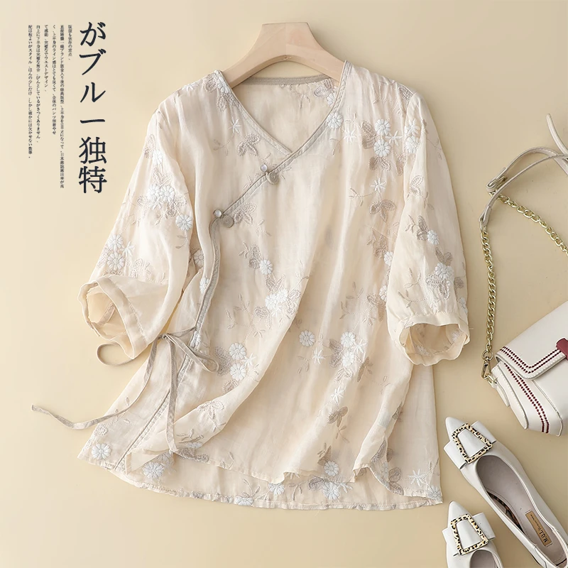 2025夏季新款刺绣复古小衫盘扣国风T恤