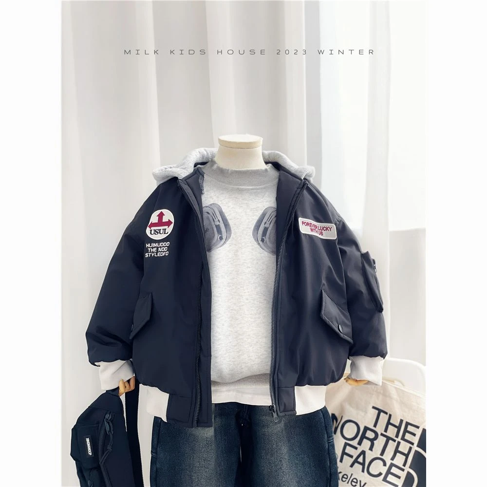 男童加棉外套冬季新款儿童连帽假两件潮牌童装棉衣加厚外套保暖潮