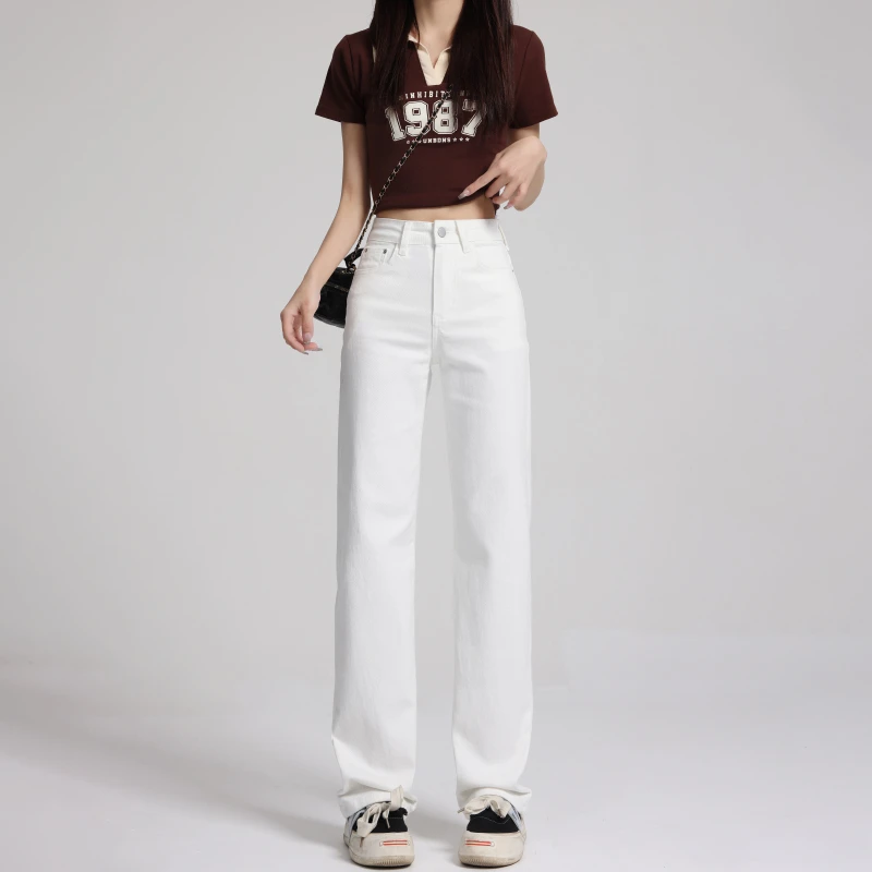 春季女白色窄版直筒裤白色牛仔裤时尚百搭渐变丁达尔风直筒裤036#