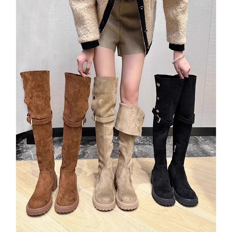 复古两穿翻折厚底西部靴秋冬新款绒面长筒靴粗跟过膝长靴骑士靴子
