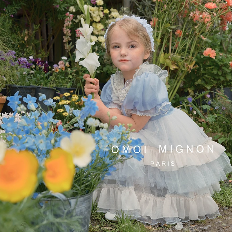 夏款现货上新OMOIMIGNON法式蓝色田园风轻洛丽塔泡泡袖网纱公主裙