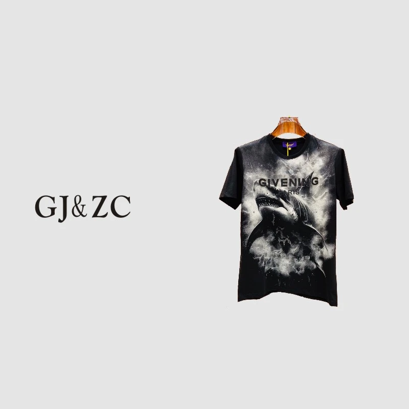 高奢鲨鱼重工彩拔烫钻轻奢男士短袖个性百搭夏季冰丝t恤衫半袖