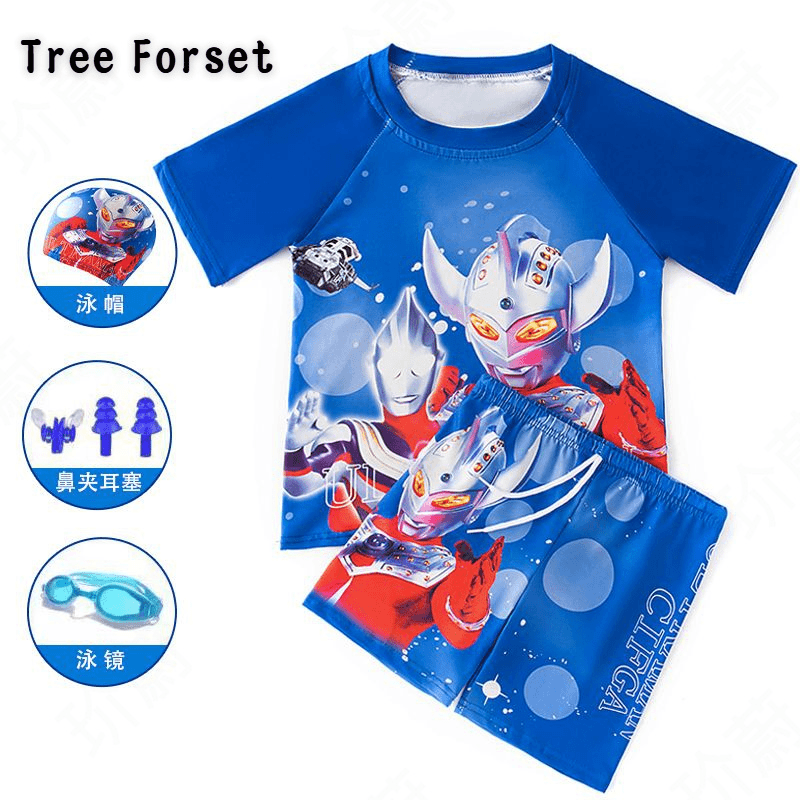 儿童泳衣卡通小男孩游泳奥特曼衣裤套装夏季男童中大宝宝分体