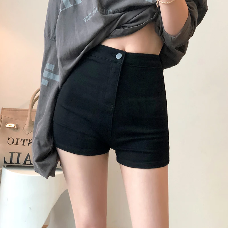 女士短裤a字型黑色高腰短裤辣妹a字弹力裤外穿牛仔热裤洋气