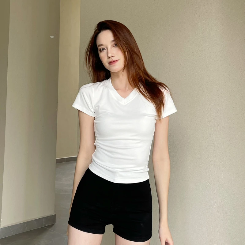 美式v领正肩短袖T恤女款夏季设计感小众修身紧身短款上衣白色体恤