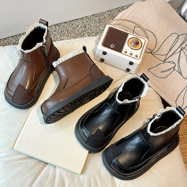 女宝宝小皮靴韩版蕾丝边加绒加厚马丁靴软底软皮2024新款秋冬款潮