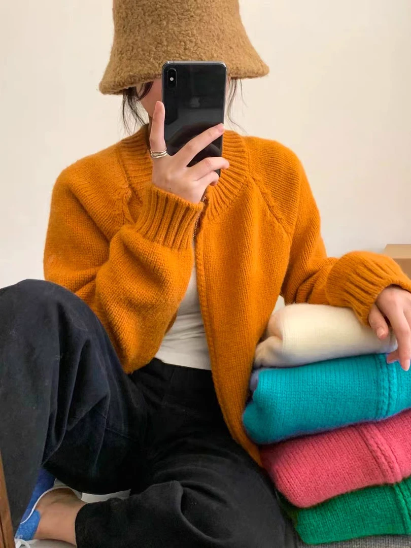 慵懒风双拉链毛衣外套女2024秋冬短款设计感小众简约韩系针织开衫