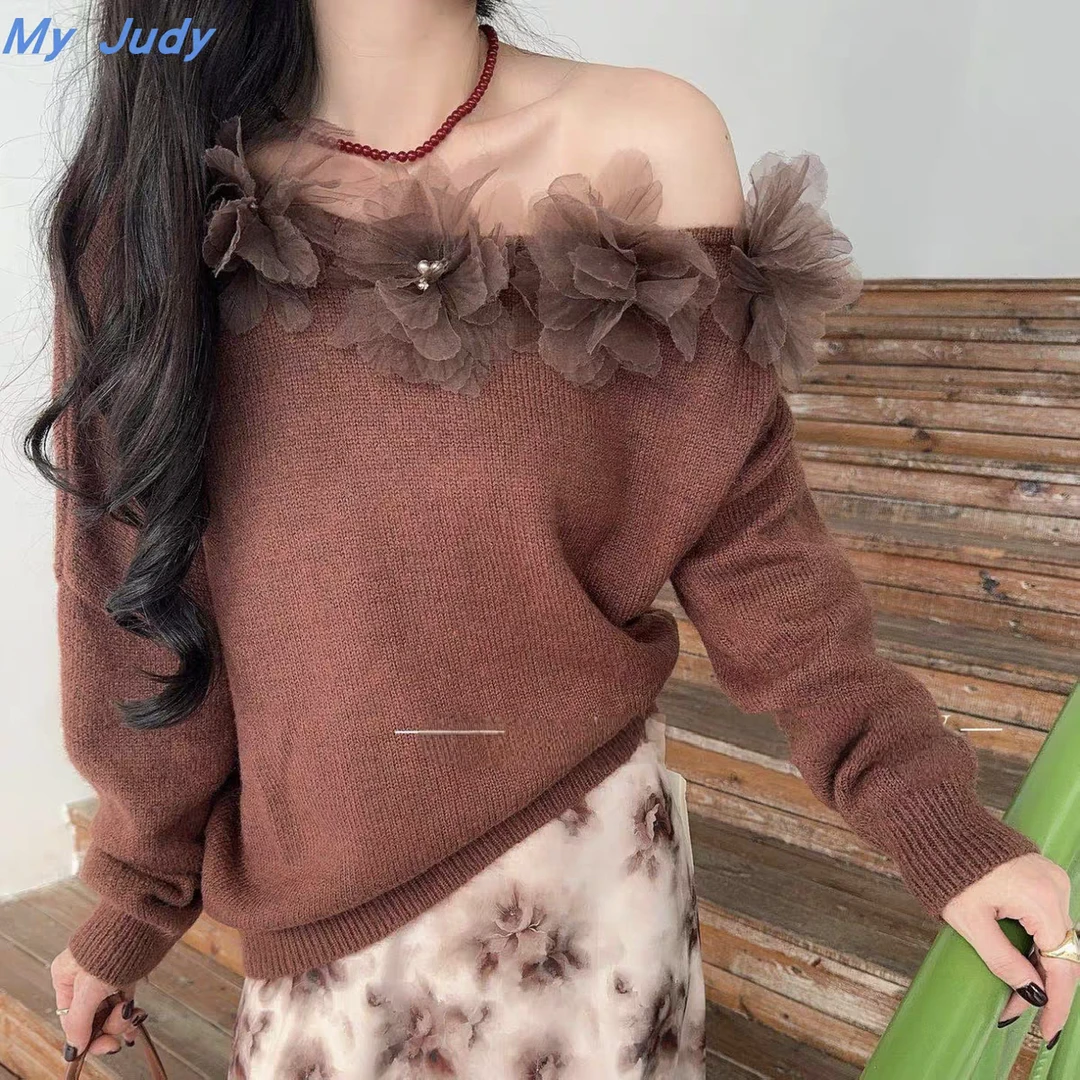 法式立体花朵一字肩针织衫女chic美拉德穿搭绝美超好看斜领毛衣秋