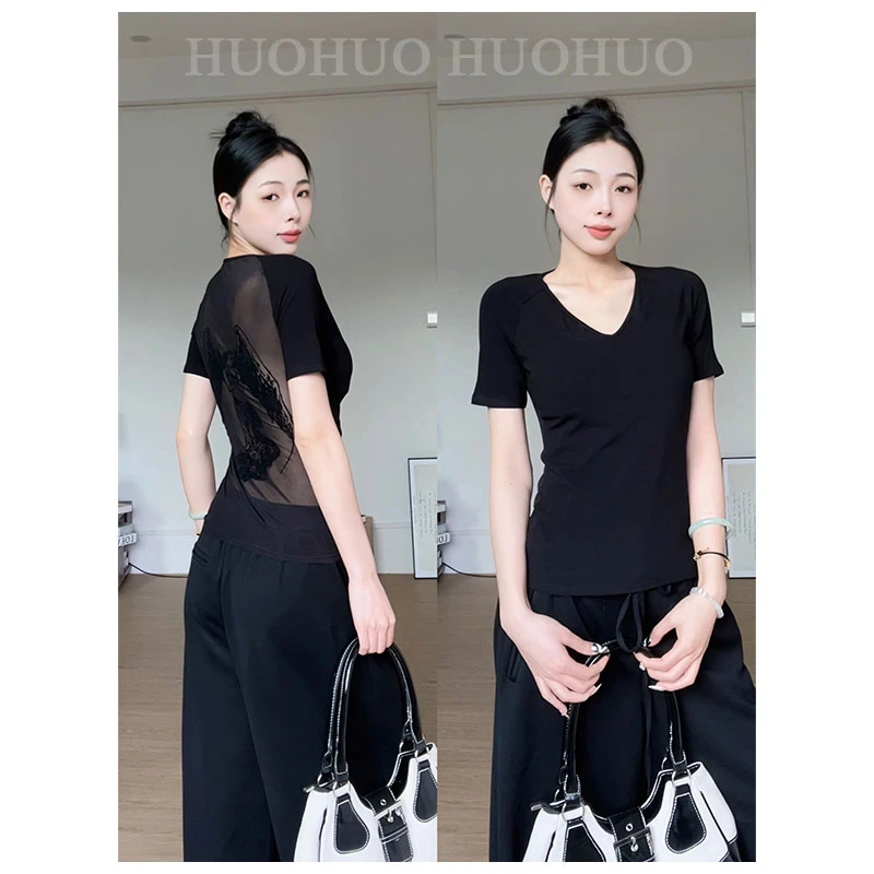 妙前【归一】辣妹V领显瘦百搭短袖上衣夏季修身植绒印花设计上衣