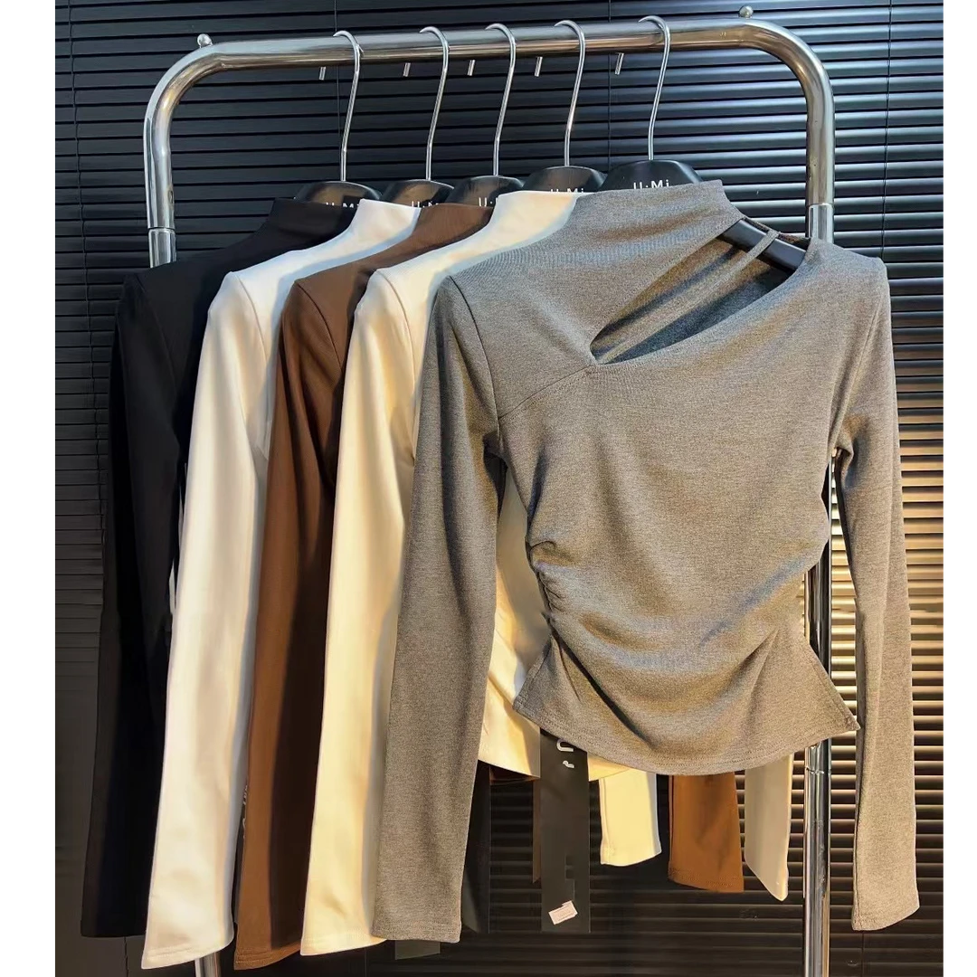 气质半高领镂空露肩修身显瘦皱褶收腰磨毛打底衫女上衣