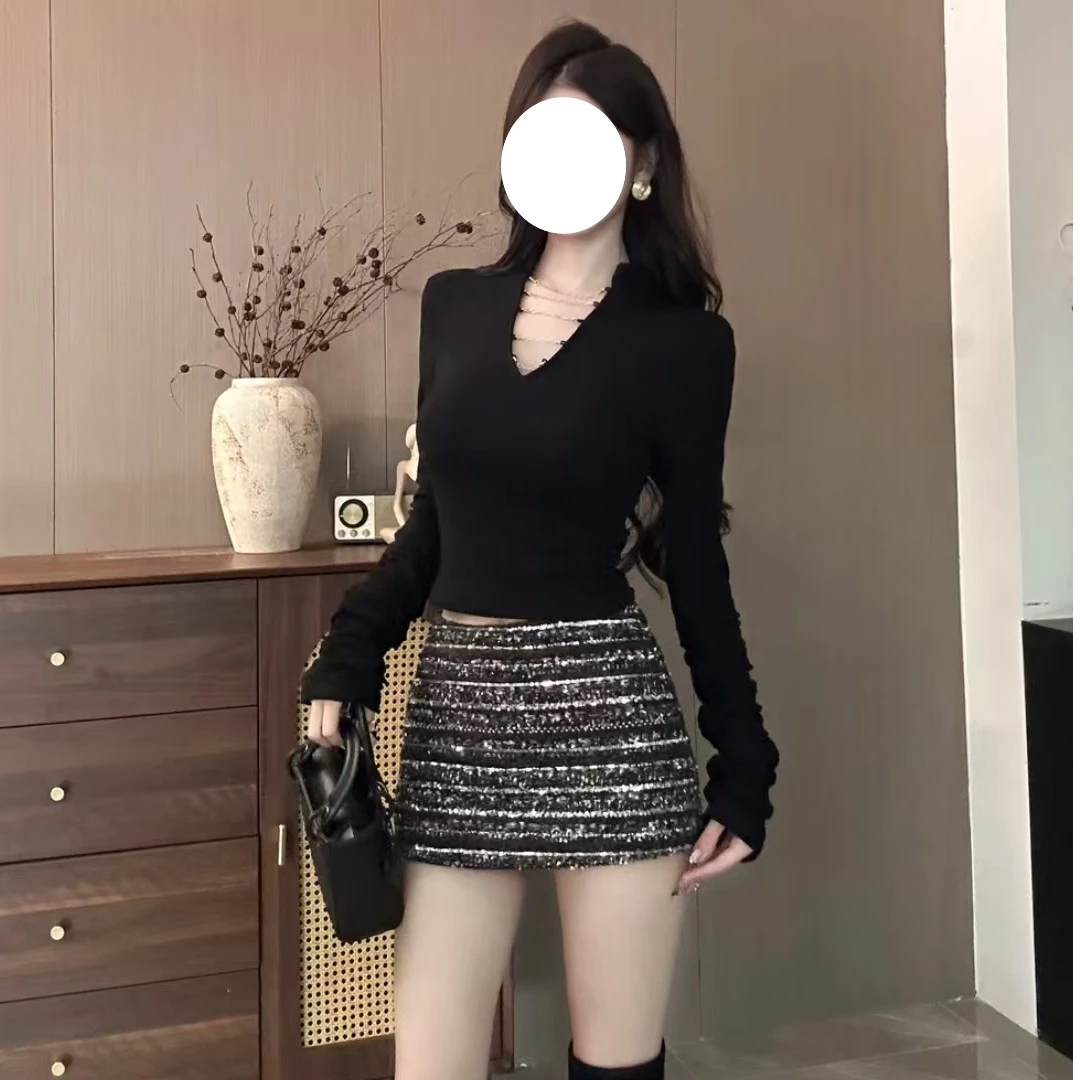 YIDENG秋季V领链条可拆卸修身显瘦长袖上衣