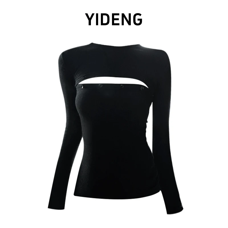 辣妹小心机黑色镂空纽扣长袖恤秋冬收腰显瘦打底衫