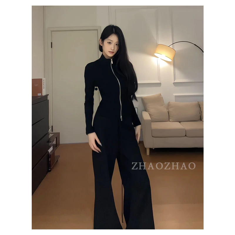 艺等辣妹显瘦双拉链设计感长袖上衣半高领秋冬打底