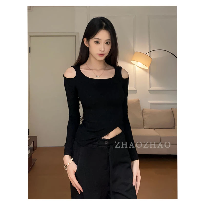 辣妹镂空不规则设计感长袖初秋修身气质打底上衣