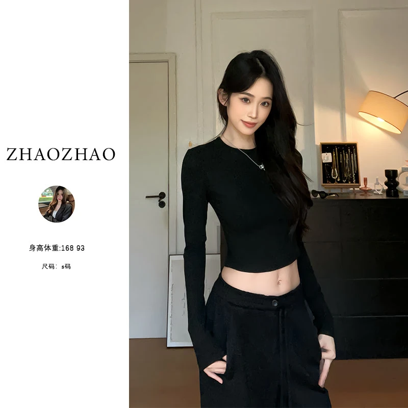 辣妹基础简约短款长袖秋季修身气质显瘦打底上衣纯欲