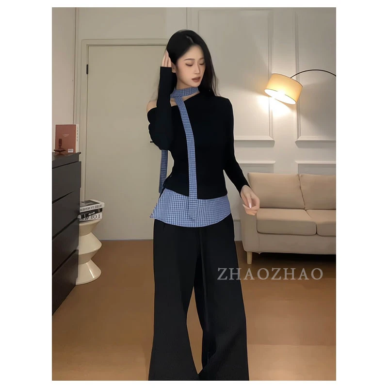 妙前【ZHAOZHAO】辣妹蓝格拼接设计感长袖露肩修身气质显瘦打底上衣