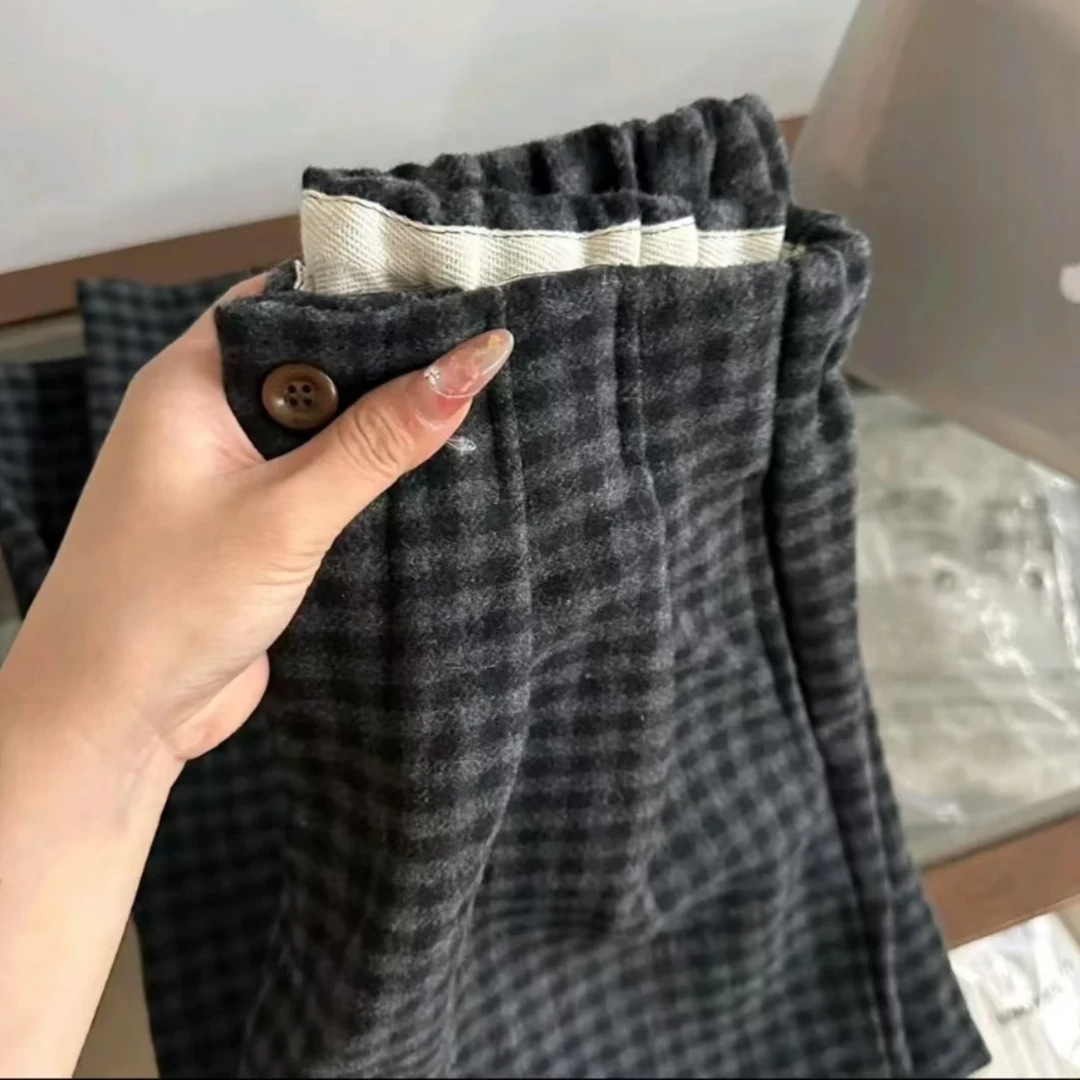 秋冬新款加厚复古格子裤女半松紧垂感宽松百搭显瘦经典阔腿裤