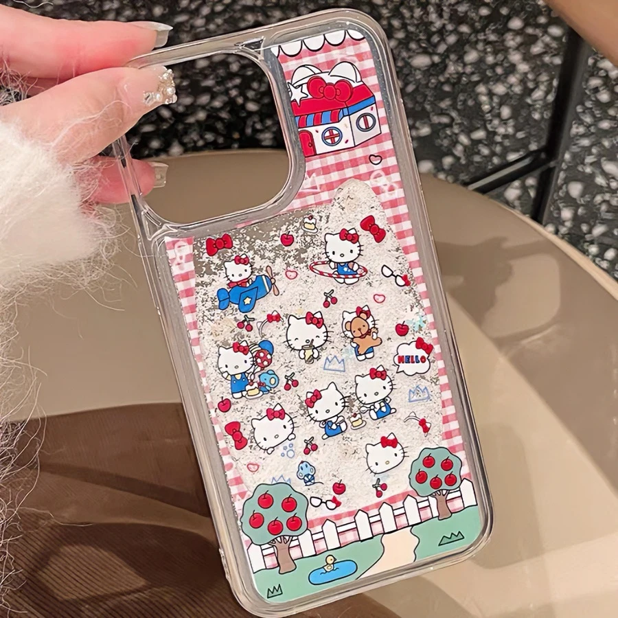 卡通凯蒂猫猫咪流沙壳苹果iPhone15/14promax/12/13手机壳软xs/xr