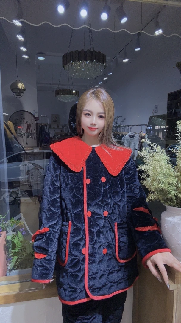 加厚夹棉睡衣女冬季保暖家居服两件套大毛领设计