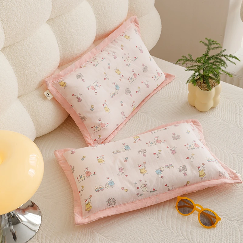 胖家居-卡通透气双层纱枕套单只30x50豆豆绒40x60儿童学生枕头套