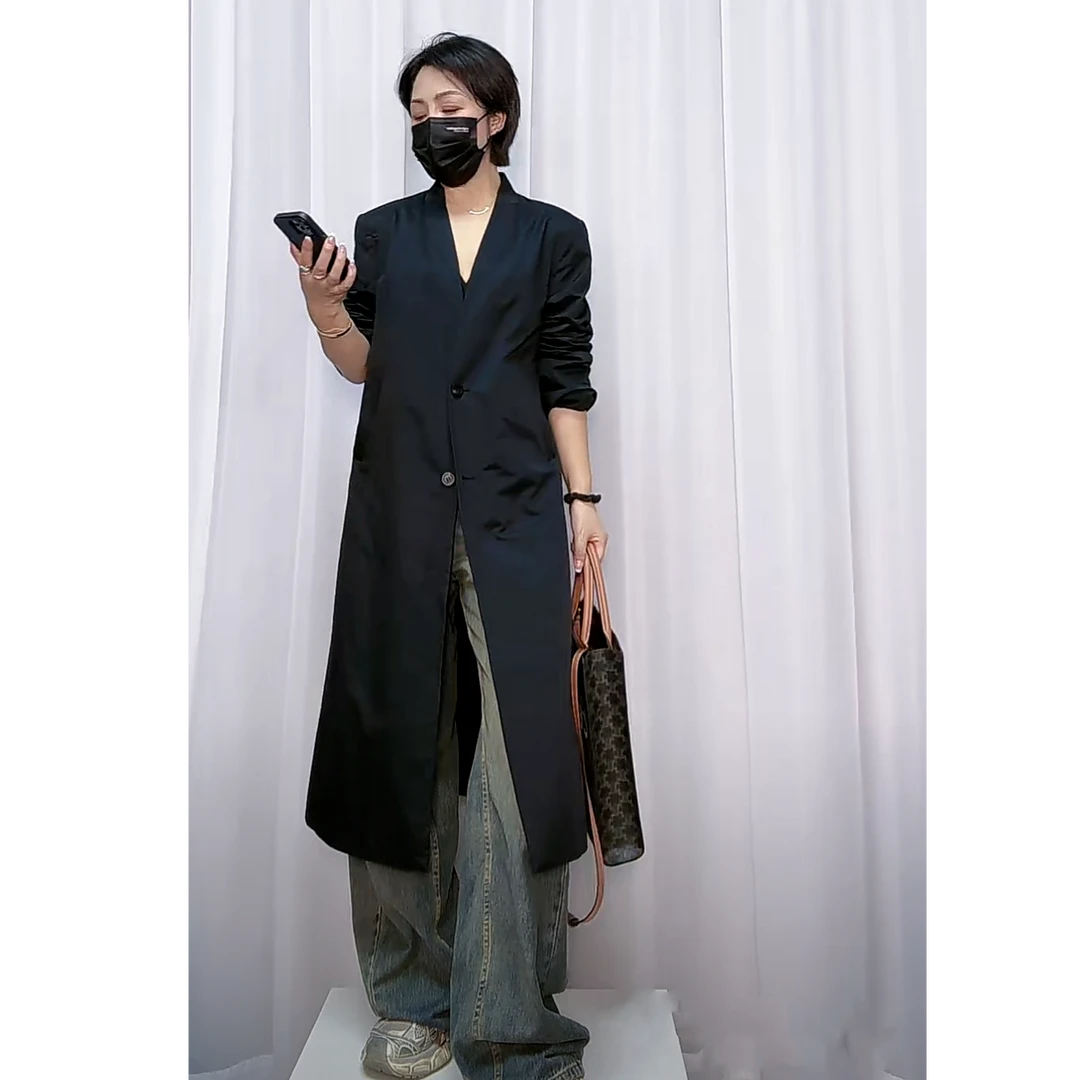 原创设计师长款风衣重磅黑色高端2024新款