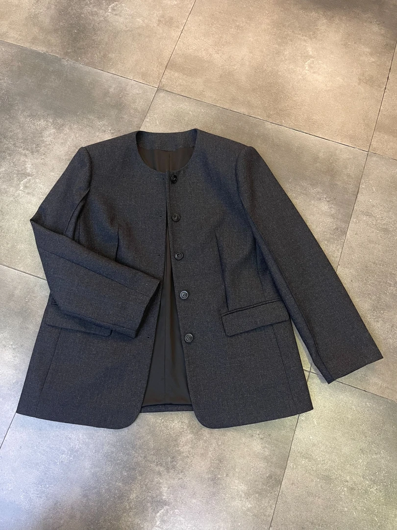 时髦慵懒冷清高JI风无领西装羊毛休闲外套