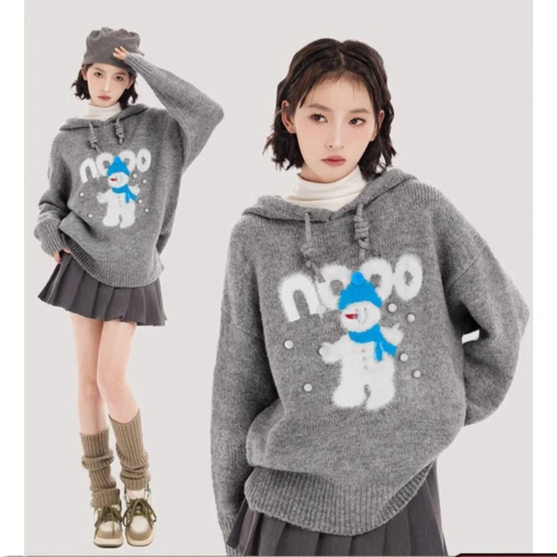 慵懒风灰色连帽套头针织衫女秋冬外穿小个子加厚毛衣内搭上衣外套