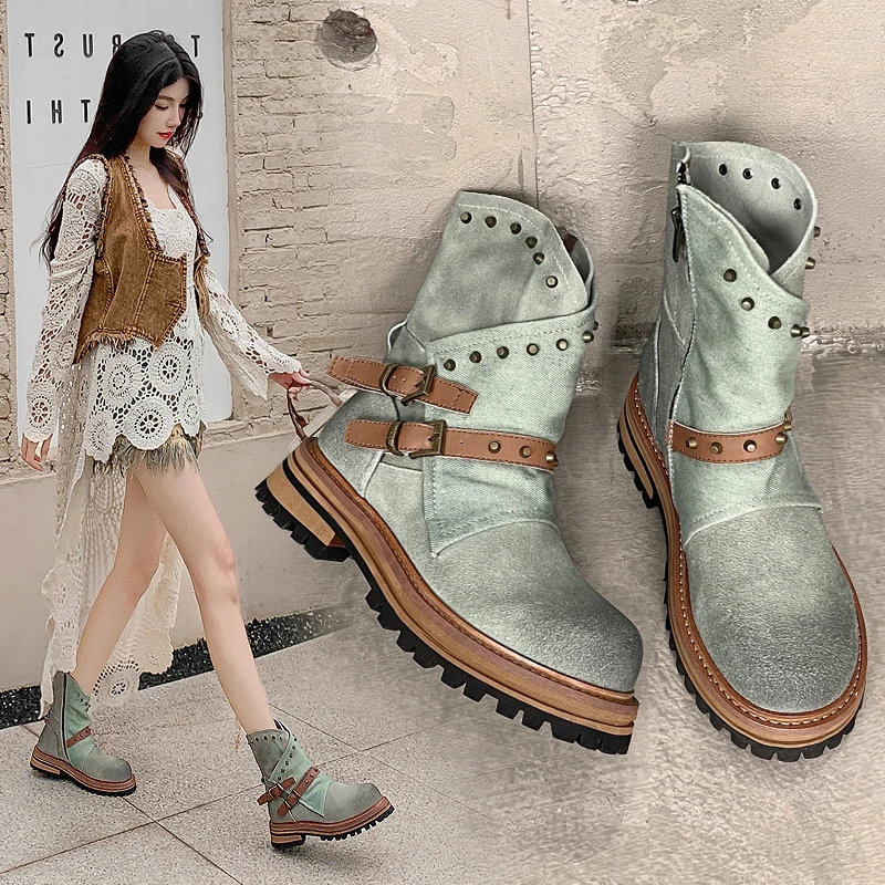 厚底马丁靴女款2024新款短靴女春秋单靴西部牛仔靴真皮沙漠靴子夏