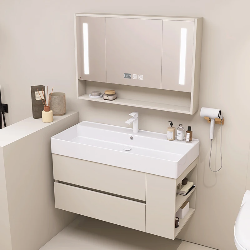 （陶瓷一体大盆）奶油风浴室柜组合马桶侧边柜洗脸盆卫生间洗漱台