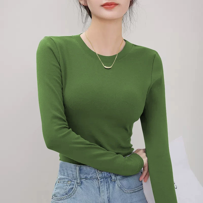 螺纹德绒保暖长袖打底衫女2025秋冬修身显瘦内搭圆领磨毛春秋上衣