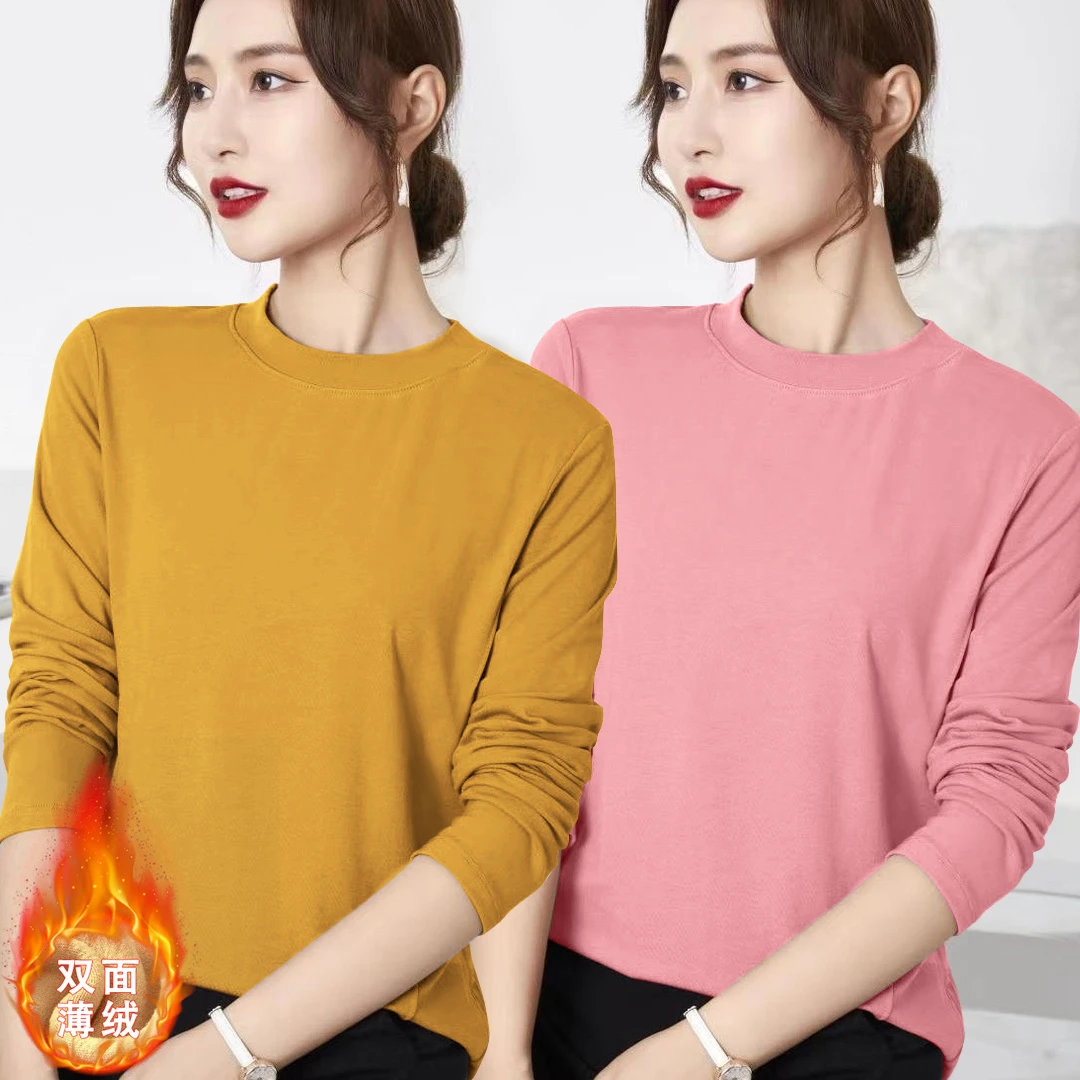 2025秋冬新款女装双面德绒圆领打底衫女内搭加厚长袖大码t恤上衣