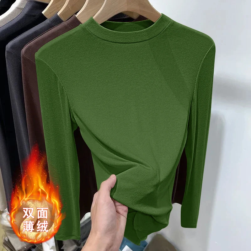秋冬磨毛德绒圆领长袖t恤女加绒内搭修身显瘦百搭打底衫修身上衣