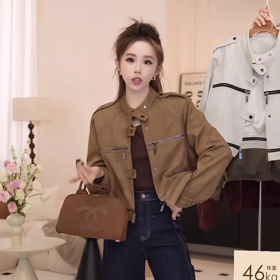 高级感麂皮绒立领皮衣外套女2024秋冬复古小个子短款机车夹克上衣