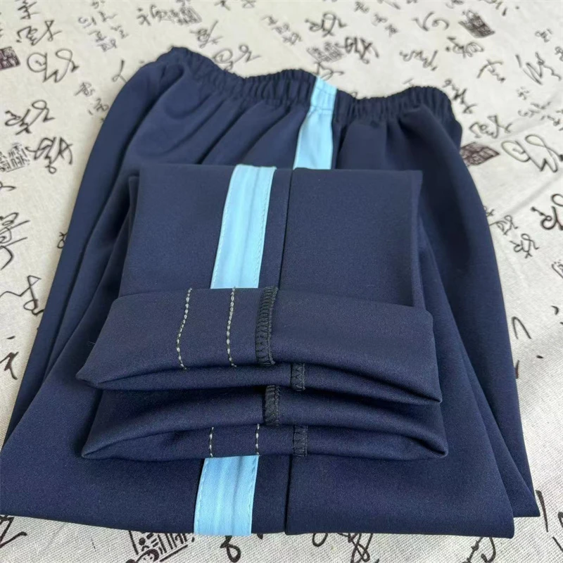 宽浅蓝杠校服裤子男女通用初高中小学生藏蓝春夏秋直筒校裤深蓝色