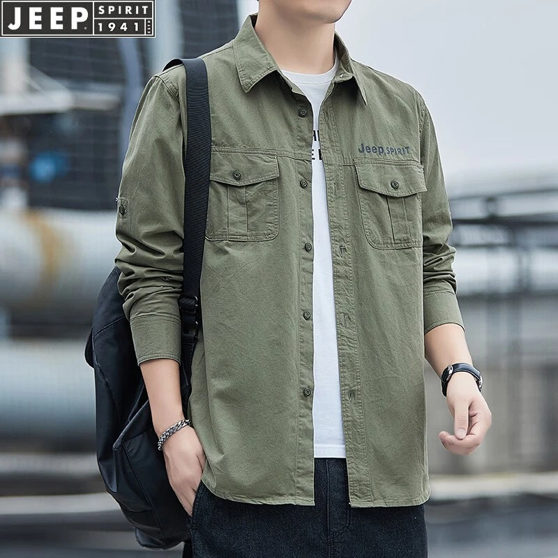 JEEP吉普休闲男长袖纯棉春夏季新款宽松大码多口袋工装衬衣外套男