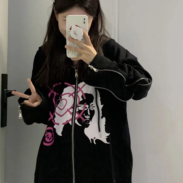 卡盛福利款！！黑色拉链开衫外套女秋季美式oversize情侣连帽卫衣