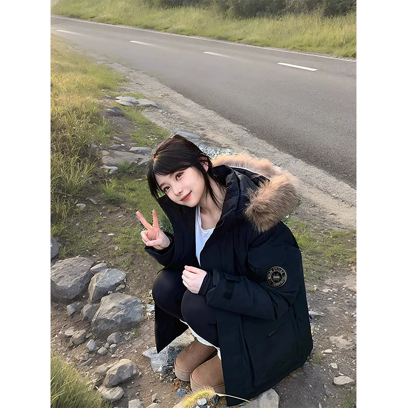 卡盛黑色工装派克服女冬季加厚高级设计感小众oversize情侣羽绒服