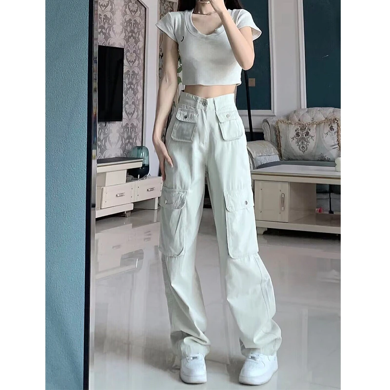 【福利清仓】卡盛沙白色户外登山工装裤女美式设计感直筒宽松阔腿裤