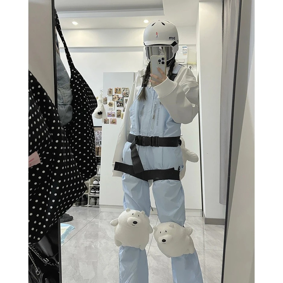 卡盛蓝色滑雪背带裤女冬季2023新款美式设计感加绒防风保暖长裤子