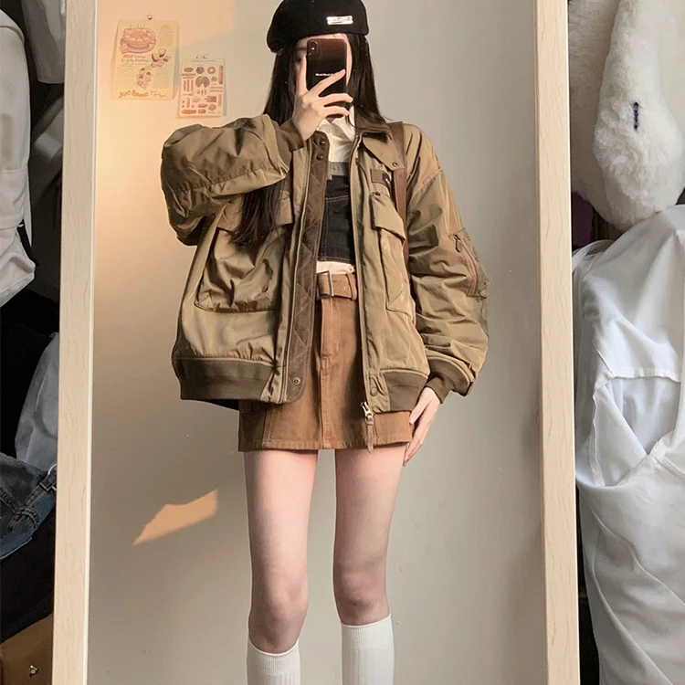 卡盛【清仓福利】清货偶有瑕疵介意不拍卡其色棒球服外套女飞行夹克