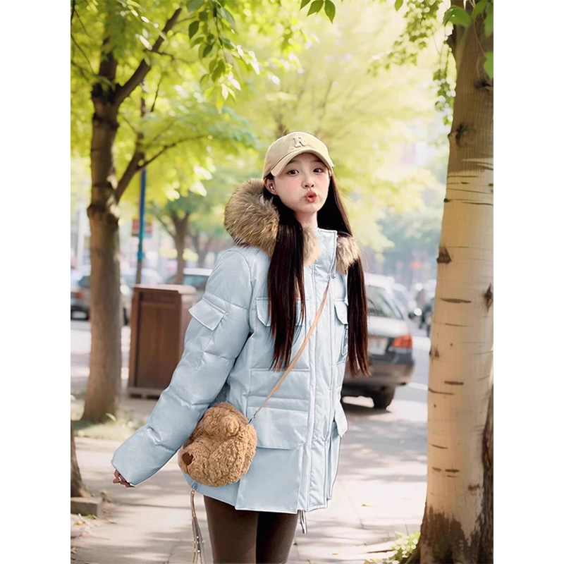 卡盛KSKM浅蓝色棉服女2025冬季新款加厚设计感大毛领工装派克服