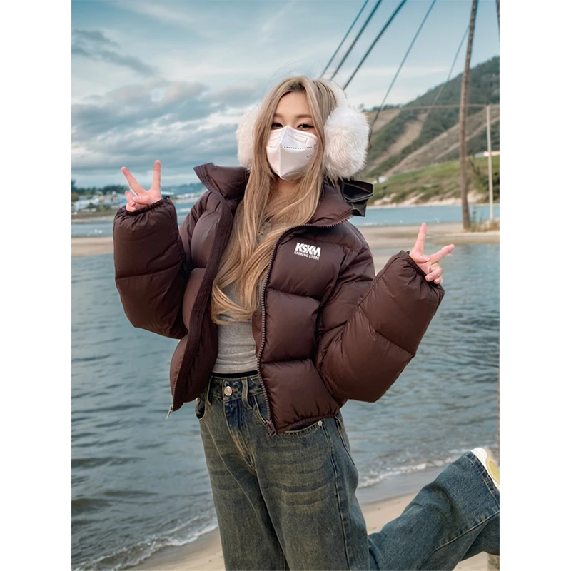 冬季福利！！卡盛美式棕色短款棉服女款冬季潮牌高级感小众肯豆同款